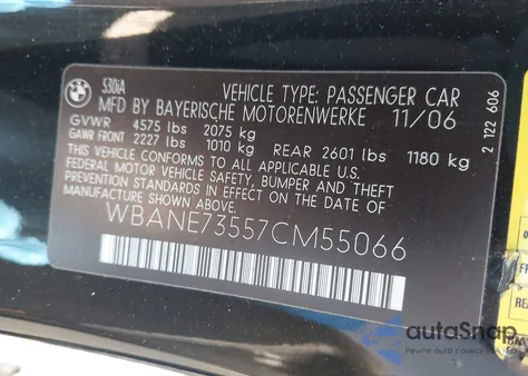 2007 BMW 530I из США, поврежденный, VIN WBANE73557CM55066